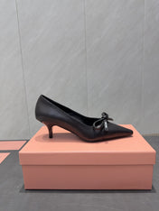 MIUMIU 26S POINTED TOE PUMPS 55MM IN BLACK CALFSKIN WITH BOW