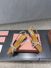 MIUMIU 26S SLINGBACK 55MM IN CARAMEL BROWN CALFSKIN WITH BOW