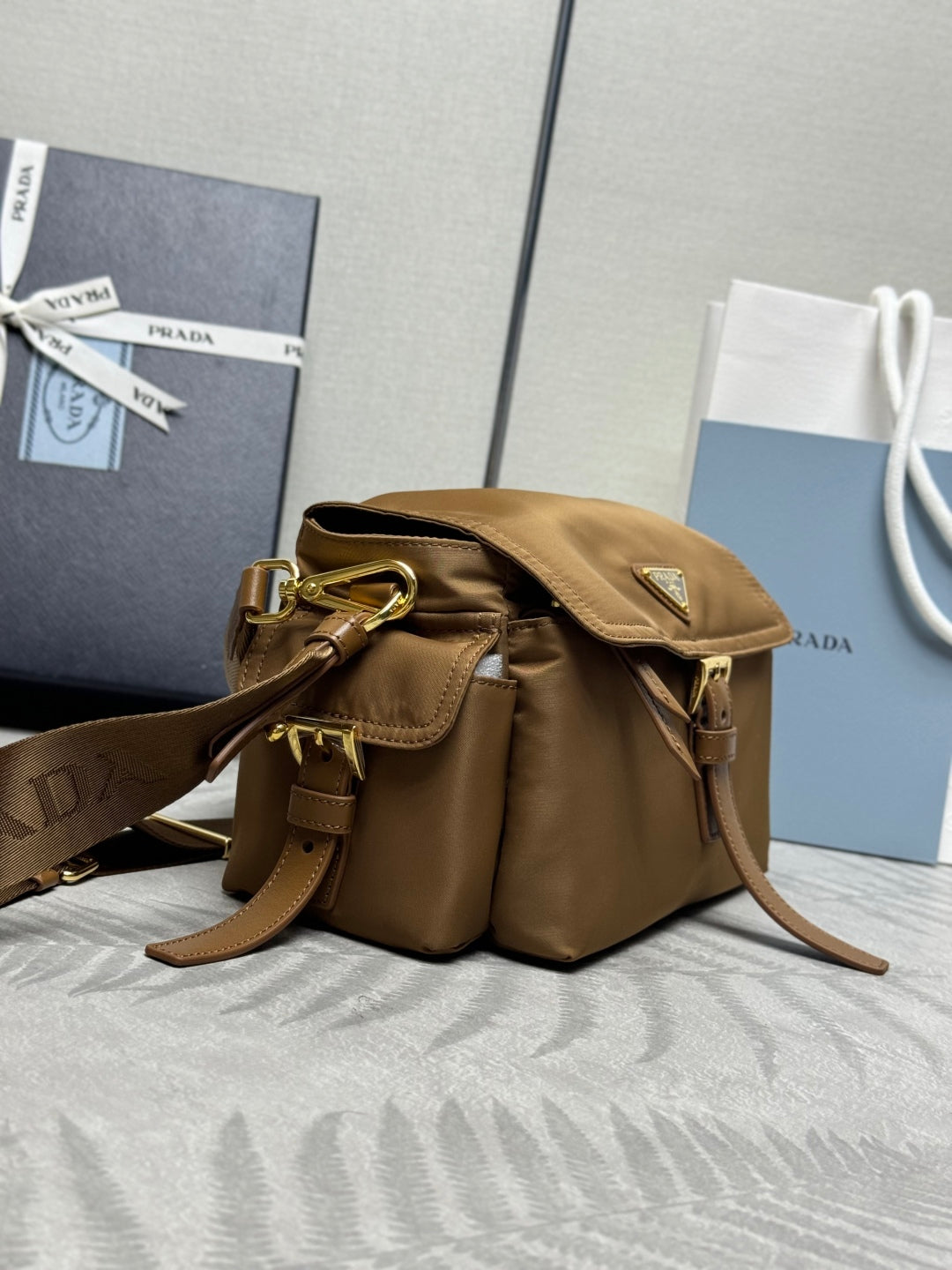 PRADA 25S EXPLORE LARGE SHOULDER BAG 30 IN CARAMEL RE-NYLON WITH FLAP