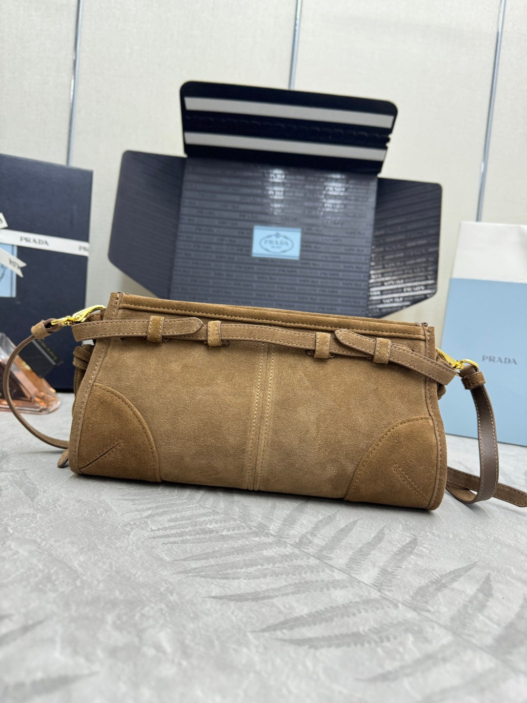 PRADA 25S BONNIE SMALL SHOULDER BAG 26 IN BROWN SUEDE GOLD HARDWRE