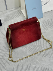 PRADA 25S ENCHAINE MINI BAG 22 IN RUBY RED SUEDE GOLD HARDWARE