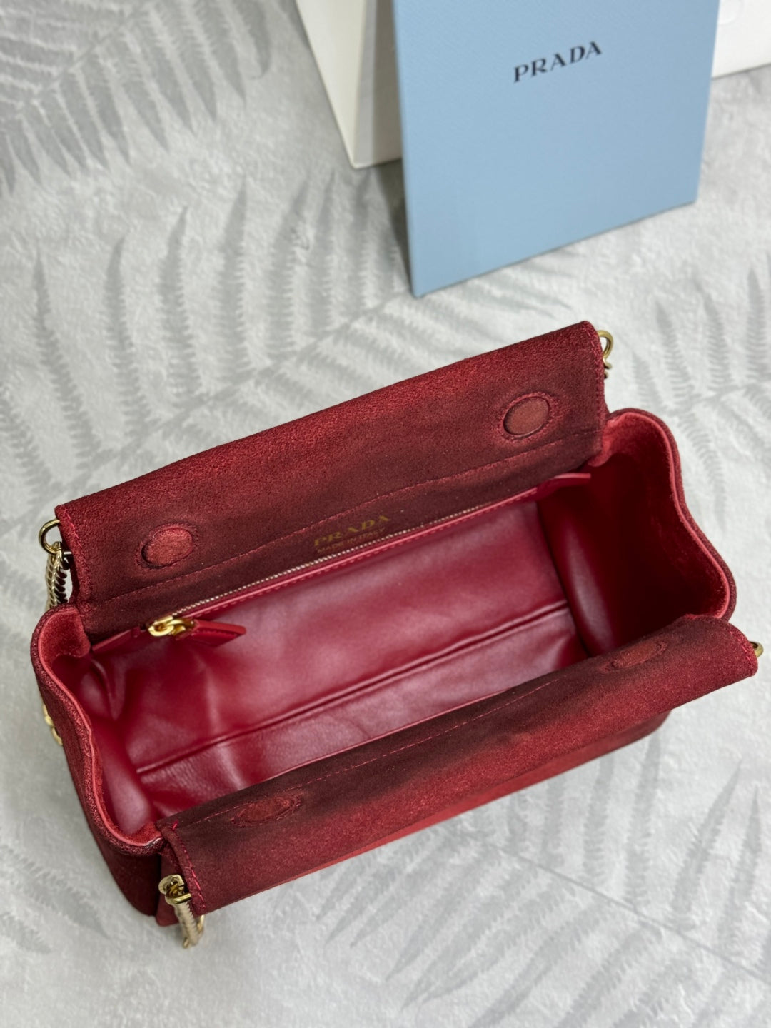 PRADA 25S ENCHAINE MINI BAG 22 IN RUBY RED SUEDE GOLD HARDWARE