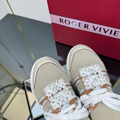 VIV' RUN SNEAKERS IN BEIGE TECHNICAL FABRIC WITH BROWN AND WHITE CALFSKIN