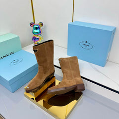 PRADA 25S POINTED TOE HIGH BOOTS 50MM IN DARK BROWN SUEDE WITH LOGO