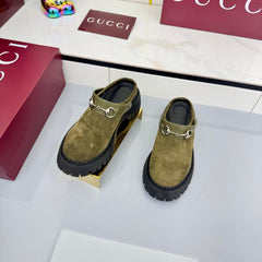 GG PLATFORM MULES 25S IN MOSS GREEN SUEDE