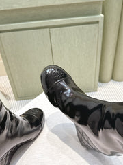 CHANEL 25S KNEE-HIGH BOOTS 60MM IN BLACK PATENT CALFSKIN WEDGE HEELS