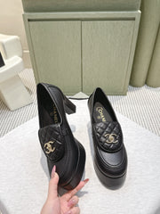CHANEL 25S HIGH-HEELED MOCCASINS 80MM IN BLACK CALFSKIN GOLD HARDWARE