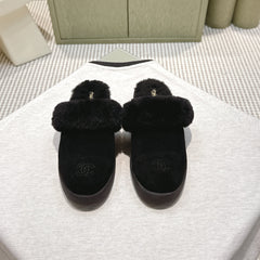 CHANEL 25S FUR-LINED MULES IN BLACK SUEDE