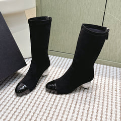 CHANEL 25S PEARL BOOTS IN BLACK SUEDE AND PATENT CALFSKIN