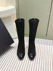 CHANEL 25S PEARL BOOTS IN BLACK SUEDE AND PATENT CALFSKIN