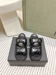 CHANEL 25S STRAP SANDALS IN BLACK PATENT CALFSKIN SILVER HARDWARE