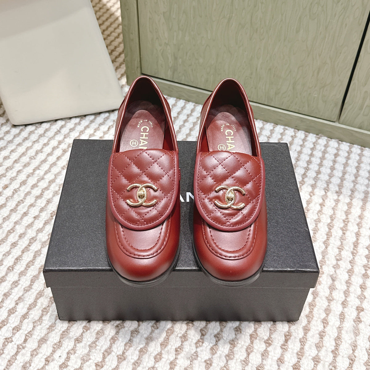 CHANEL 25S LOAFERS MOCCASIN 65MM IN BURGUNDY RED CALFSKIN GOLD HARDWARE
