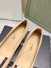 CHANEL 25S SLINGBACK SHOES 90MM IN BEIGE CALFSKIN SQUARE TOE GOLD HARDWARE