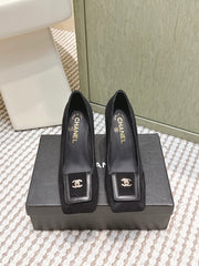 CHANEL 25S SLINGBACK SHOES 90MM IN BLACK SUEDE SQUARE TOE GOLD HARDWARE