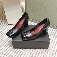 CHANEL 25S SQUARE-TOE HIGH HEELS 90MM IN BLACK CALFSKIN
