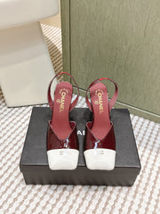 CHANEL 25S HIGH-HEELED SQUARE-TOE SLINGBACK 90MM IN DARK RED AND WHITE CALFSKIN
