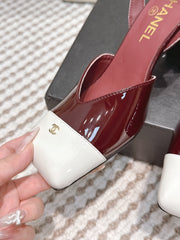 CHANEL 25S HIGH-HEELED SQUARE-TOE SLINGBACK 90MM IN DARK RED AND WHITE CALFSKIN
