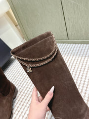 CHANEL 25S KNEE-HIGH BOOTS IN DARK BROWN SUEDE GOLD HARDWARE