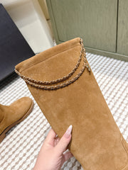 CHANEL 25S KNEE-HIGH BOOTS IN CARAMEL SUEDE GOLD HARDWARE