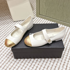 CHANEL 25S MARY JANE FLAT IN WHITE LAMBSKIN WITH YELLOW CAP TOE GOLD HARDWARE