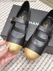 CHANEL 25S MARY JANE FLAT IN BLACK LAMBSKIN WITH YELLOW CAP TOE GOLD HARDWARE