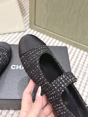 CHANEL 25S MARY JANE FLAT IN BLACK TWEED WITH CAP TOE GOLD HARDWARE