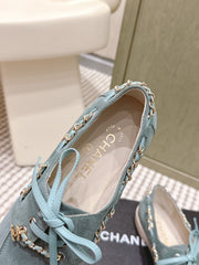 CHANEL 25S MOCCASINS IN LIGHT BLUISH-GRAY AND LIGHT GREY SUEDE