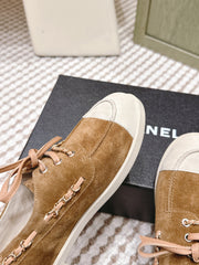 CHANEL 25S MOCCASINS IN BROWN AND LIGHT GREY SUEDE
