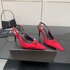 YSL 25S SLINGBACK HIGH HEELS 90 MM IN RED SATIN WITH GOLD HARDWARE STYLE 14