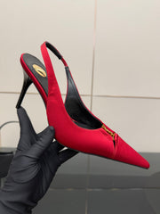 YSL 25S SLINGBACK HIGH HEELS 90 MM IN RED SATIN WITH GOLD HARDWARE STYLE 14