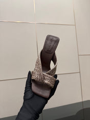 BOTTEGA VENETA 26S HEELED SANDALS 95 MM IN DARK BROWN CALFSKIN AND RAFFIA