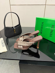 BOTTEGA VENETA 26S HEELED SANDALS 95 MM IN DARK BROWN CALFSKIN AND RAFFIA