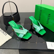 BOTTEGA VENETA 26S HEELED SANDALS 95 MM IN GREEN CALFSKIN AND RAFFIA
