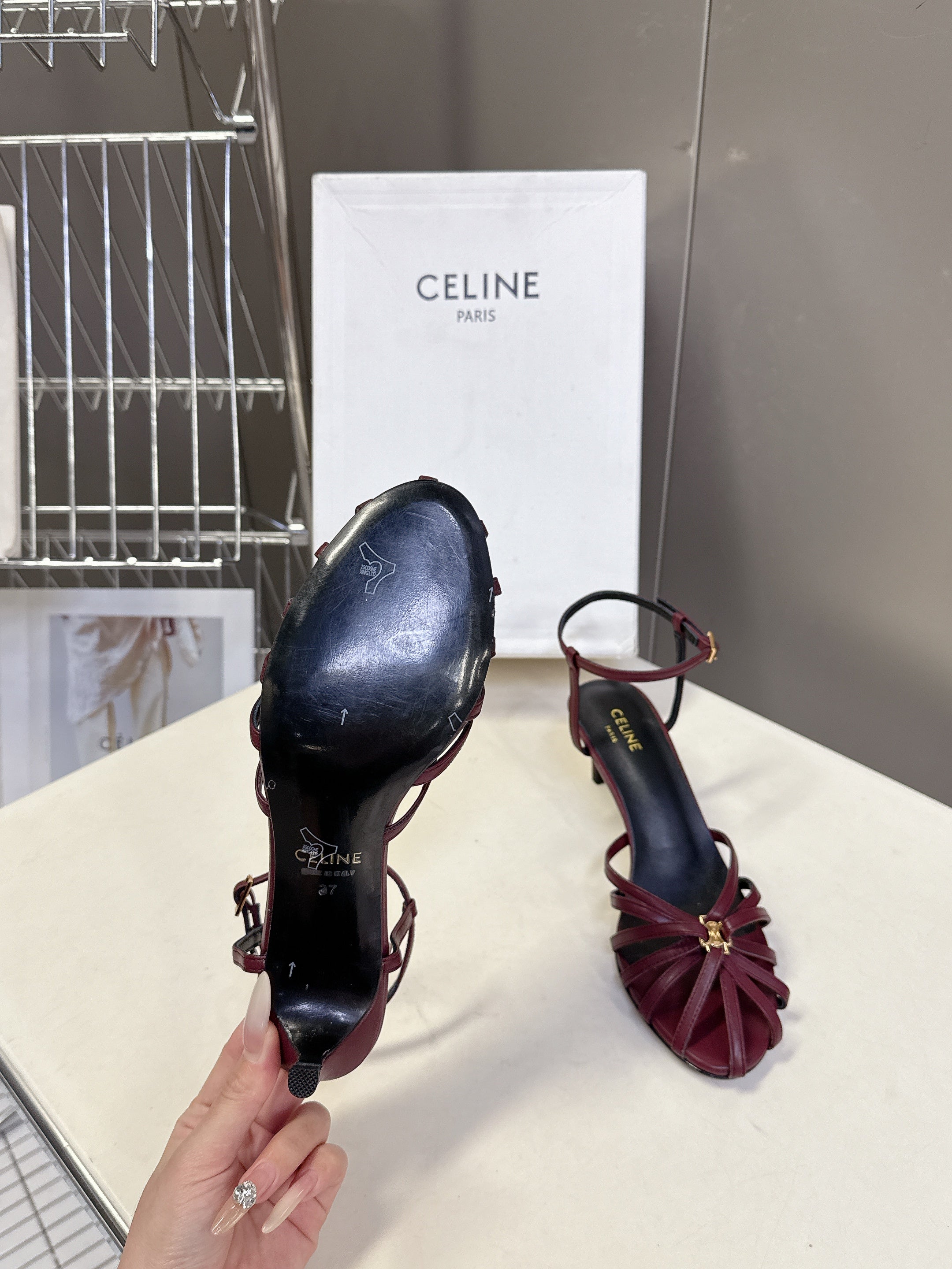 CELINE 26S HIGH-HEEL SANDALS 60 MM IN DARK RED CALFSKIN