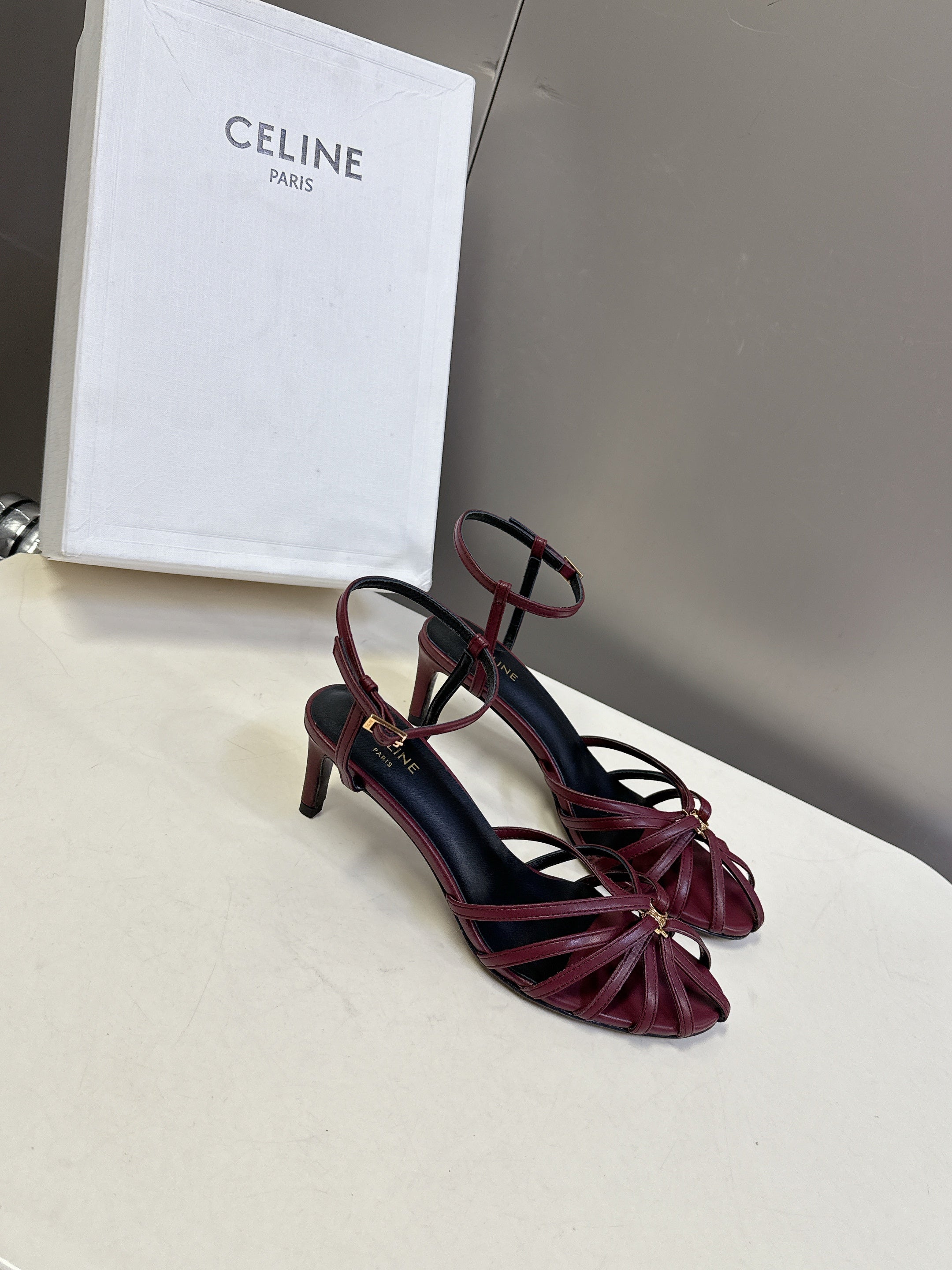CELINE 26S HIGH-HEEL SANDALS 60 MM IN DARK RED CALFSKIN