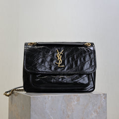 YSL 25S NIKI MM BAG 28 IN BLACK GLOSSY CALFSKIN GOLD HARDWARE