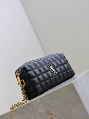 YSL 25S CASSANDRE MATELASSÉ CARRÉ POUCH ON CHAIN 18 IN BLACK LAMBSKIN