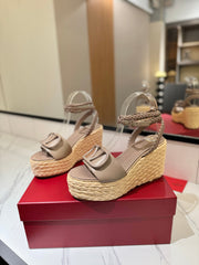 VLTN ESPADRILLE WEDGE SANDALS 25S 90 MM IN BEIGE BROWN LAMBSKIN STYLE 7