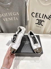 PRADA 25S COLLAPSE RE NYLON AND SUEDE SNEAKERS IN WHITE WITH METAL TOECAP