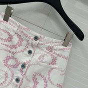 CC 25 Printed Denim Single-breasted Short Skirt Pink White Cotton