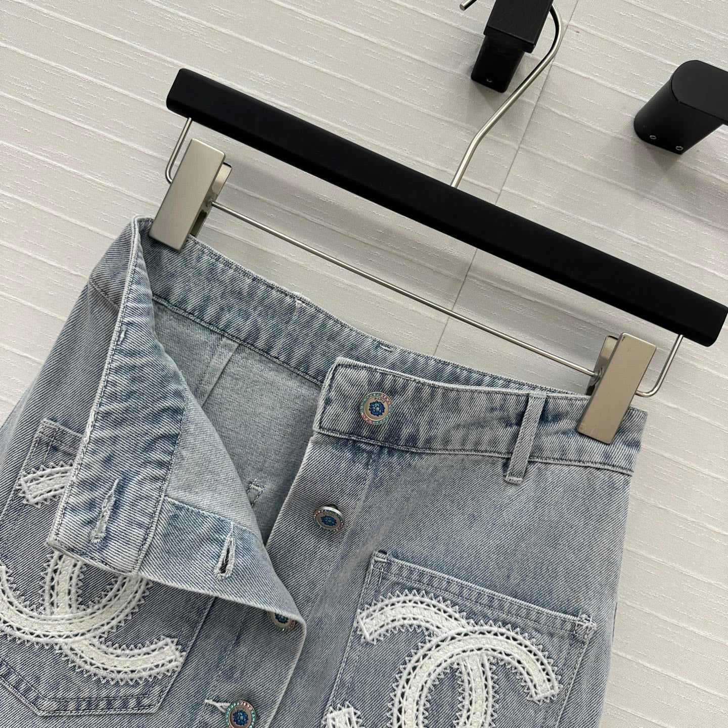 CC 25 Single-breasted Short Skirt Light Blue Denim Cotton