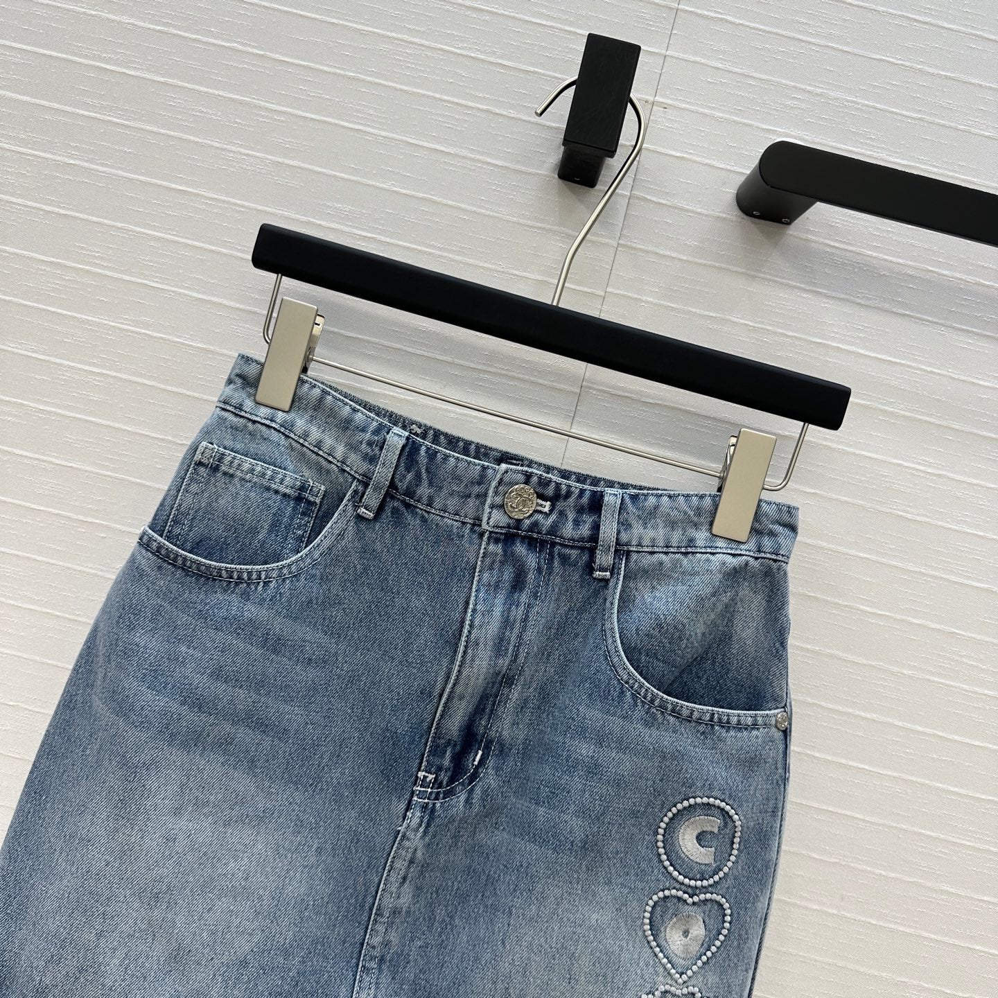 CC 25 Embroidered Short Skirt Blue Denim Cotton