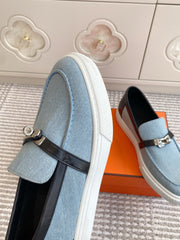 HM 25S SLIP-ON IN SKY BLUE CANVAS AND BLACK LAMBSKIN WITH SILVER HARDWARE