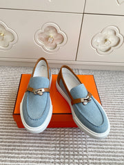HM 25S SLIP-ON IN SKY BLUE CANVAS AND BROWN LAMBSKIN WITH SILVER HARDWARE