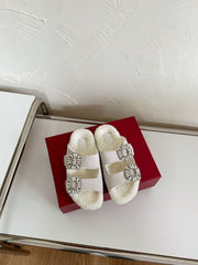 SLIDY VIV’ FUR STRASS BUCKLE MULES IN LIGHT GREY SUEDE AND CREAM SHEARLING INSOLE