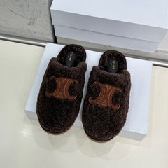 CELINE 25S GEORGIA SLIDE IN SHEARLING IN DARK BROWN