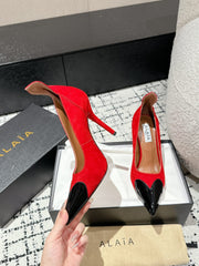 ALAIA HIGH PUMPS 10CM IN CHERRY RED SUEDE MIX BLACK CALFSKIN