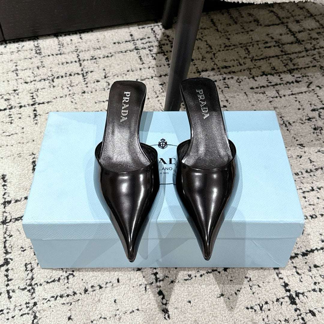 PRADA 25S POINTED-TOE MULES IN BLACK CALFSKIN