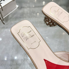 CRYSTAL HEEL MULE IN CAMEL BROWN CALFSKIN