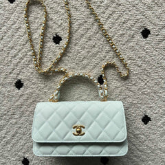 CHANEL 25S CLASSIC WALLET ON CHAIN 19 IN MINT GREEN PASTEL LAMBSKIN WITH GOLD HARDWARE